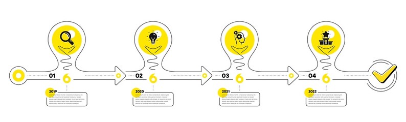 Business Infographic timeline with 4 steps. Workflow process diagram with Research, Idea bulb, Working man and Winner star icons. Timeline infograph diagram. Vector