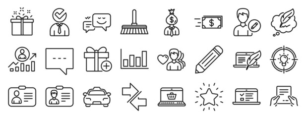 Set of line icons, such as Id card, Career ladder, Report diagram icons. Cleaning mop, Copyright laptop, Money transfer signs. Receive file, Pencil, Edit person. Add gift, Taxi, Rank star. Vector