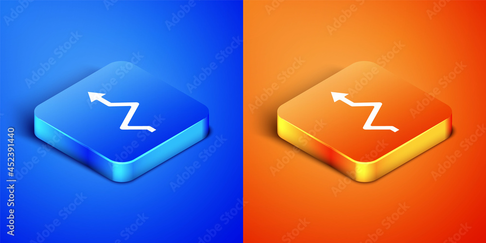 Poster isometric arrow icon isolated on blue and orange background. direction arrowhead symbol. navigation 