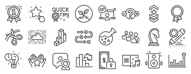 Fototapeta na wymiar Set of Education icons, such as Quick tips, Project edit, Shoulder strap icons. Success, Survey progress, Ranking star signs. Chemistry lab, Online access, Time management. Startup, Reward. Vector