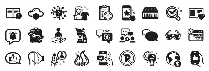 Set of Business icons, such as Engineering team, Global business, Facts icons. Clean shirt, No parking, Feedback signs. Messenger, Like app, Idea gear. Cloud protection, Quick tips. Vector