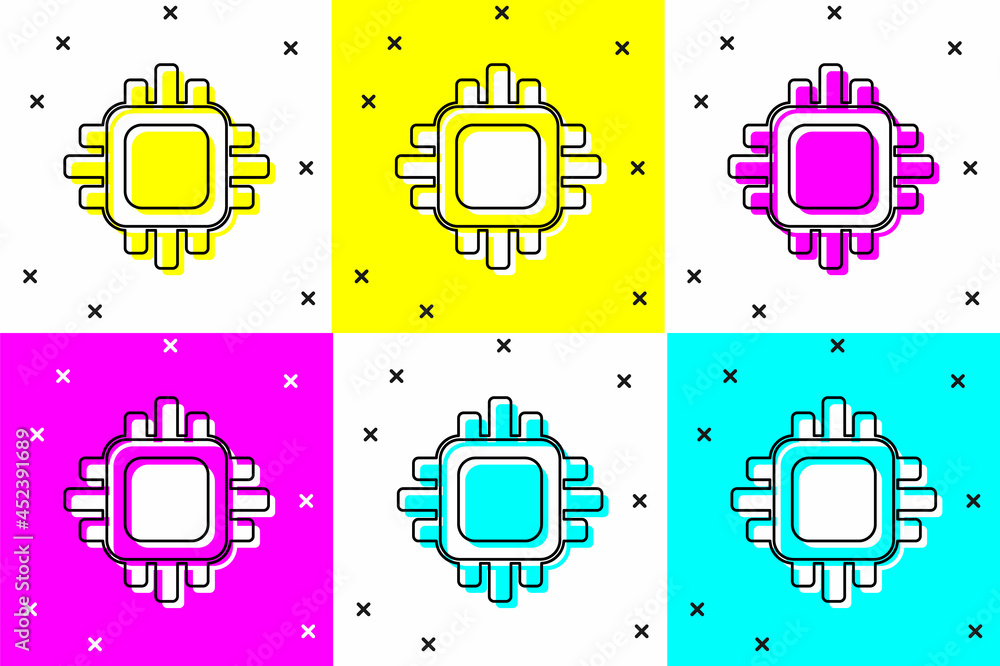 Poster set computer processor with microcircuits cpu icon isolated on color background. chip or cpu with ci