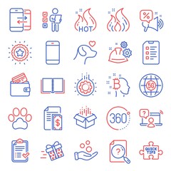 Business icons set. Included icon as Checklist, Gear, Donation money signs. 360 degrees, Present delivery, Approved checklist symbols. Quick tips, Working process, Online question. Dog paw. Vector