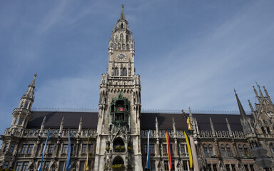 Munich, Bavaria, Germany - August 13, 2021: cityscape at the "Marienplatz" while Covid19 pandemic, view to the city hall with the "Glockenspiel"