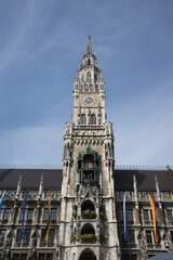Munich, Bavaria, Germany - August 13, 2021: cityscape at the "Marienplatz" while Covid19 pandemic, view to the city hall with the "Glockenspiel"