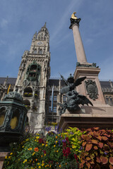 Munich, Bavaria, Germany - August 13, 2021: cityscape at the "Marienplatz" while Covid19 pandemic, view to the old city hall with the "Glockenspiel"