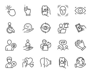 Vector set of Pay money, Biometric eye and Save planet line icons set. Clapping hands, Music app and Eye target icons. User idea, Touchpoint and Like app signs. Pay money web symbol. Vector
