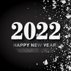 2022 Happy New Year Banner with Silver Numbers on black Background with scattering sequin, foil paper confetti, serpentine. Vector illustration
