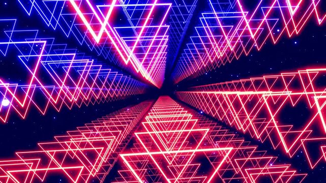 Motion design array of triangle, camera flies and rotates in digital sci-fi space with neon light and hologram objects. Hi tech concept, abstract futuristic looped background. Motion graphic. Vj loop.