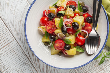 Vegetarian mediterranean salad.  Made with boiled potatoes, tomatoes, onions, oregano, capers, black olives, basil leaves. Dark wooden background, top view.