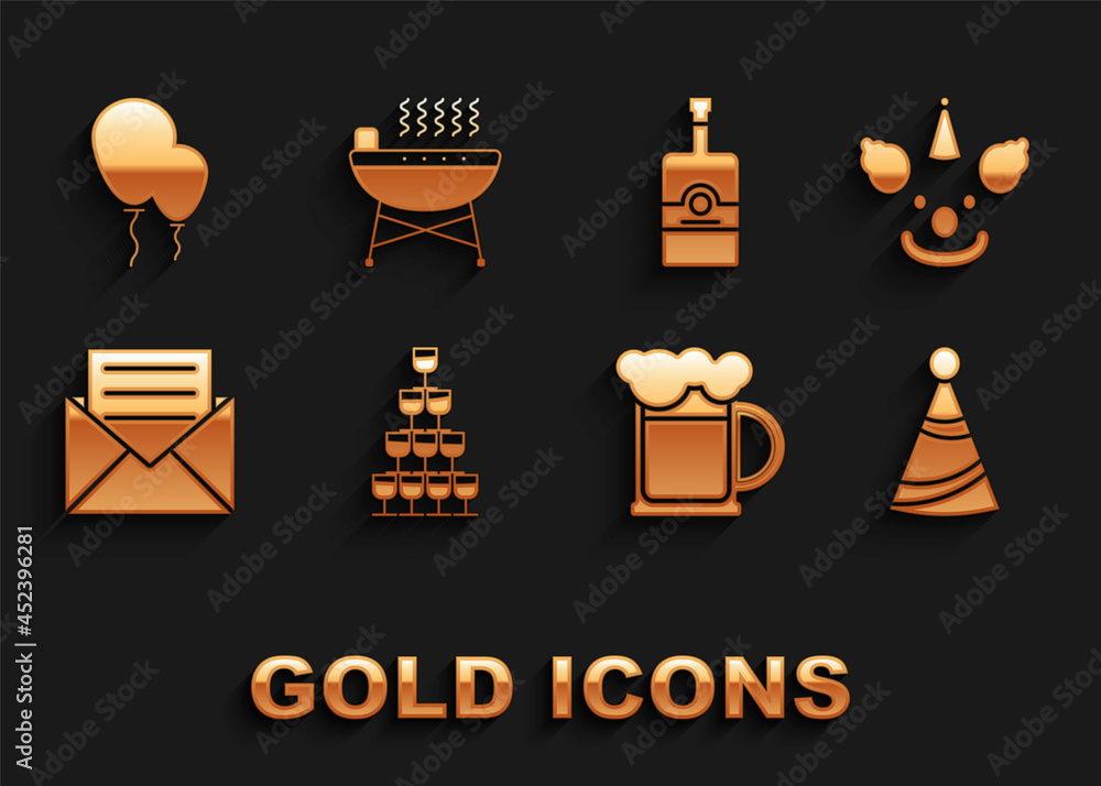 Sticker Set Wine glasses stacked in a pyramid tower, Clown head, Party hat, Wooden beer mug, Envelope with invitation card, Whiskey bottle, Balloons ribbon and Barbecue grill icon. Vector