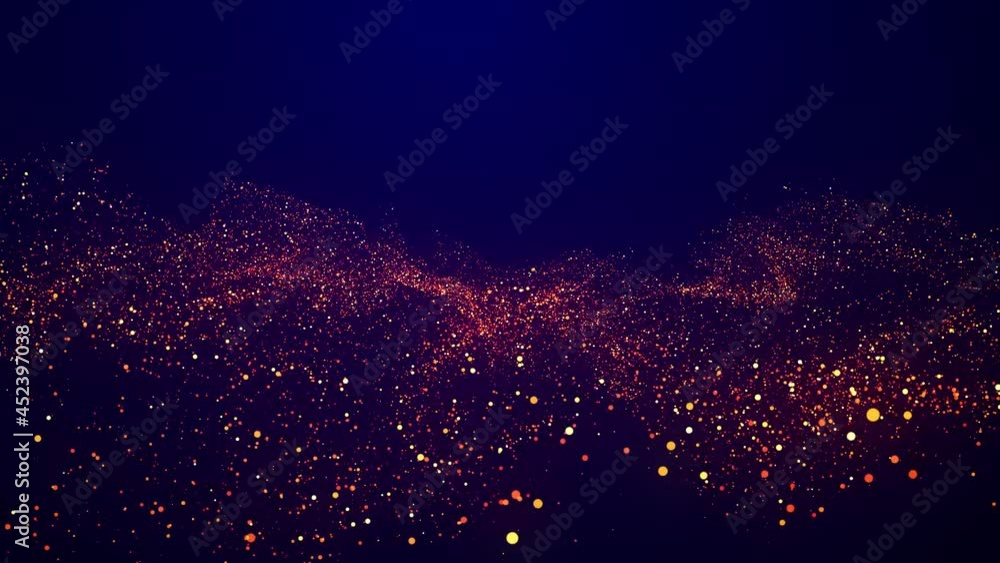 Poster abstract bg, golden magic glitters fly in air in slow motion and form beautiful swirls. fiery sparkl