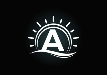 Initial A monogram alphabet with abstract sun and wave. Ocean sun logo design. Font emblem. Modern vector logo for business, and company identity