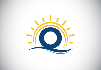 Initial O monogram alphabet with abstract sun and wave. Ocean sun logo design. Font emblem. Modern vector logo for business, and company identity