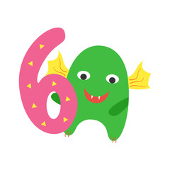 Monster green cute funny kind with wings and festive congratulatory number six isolated on white background. Design element for a childrens book or postcard. Vector illustration
