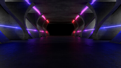 Sci Fy neon lamps in a dark corridor. Reflections on the floor and walls. 3d rendering image.