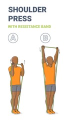 Black Guy Doing Shoulder Press Home Exercise with Resistance Band Guidance. Exercise with Loop.