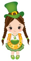 Cute Little Girl Celebrating St. Patrick Day Holding Golden Horseshoe. Vector Saint Patrick Day