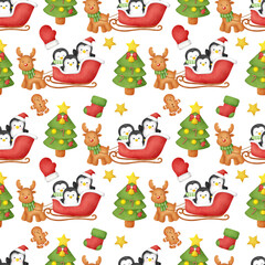 Watercolor christmas day with cute penguins seamless patterns.