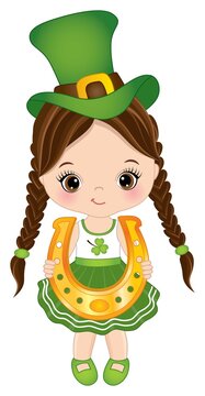Cute Little Girl Celebrating St. Patrick Day Holding Golden Horseshoe. Vector Saint Patrick Day
