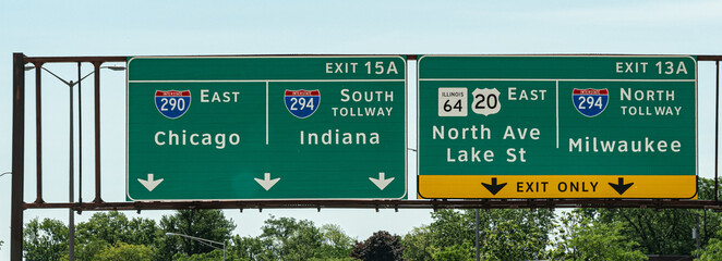 Direction sign to Chicago Milwaukee and Indiana - CHICAGO, ILLINOIS - JUNE 12, 2019