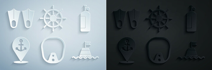 Set Diving mask, Aqualung, Location with anchor, Floating buoy the sea, Ship steering wheel and Rubber flippers icon. Vector © Oksana