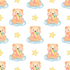 watercolor cute teddy bear seamless patterns