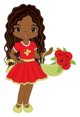 Beautiful Cute African American Girl Holding Basket of Red Poppies. Vector Black Girl with Poppies
