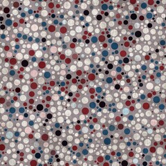 Seamless pattern of red white and blue circles packed tightly into sophisticated print. High quality illustration. Classy polka dot globe motif graphic design. Stylish elegant geometric orb material