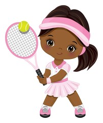 Obraz na płótnie Canvas Cute Little Black Girl Wearing Pink and White Sport Outfit Playing Tennis. Vector Little Tennis Player
