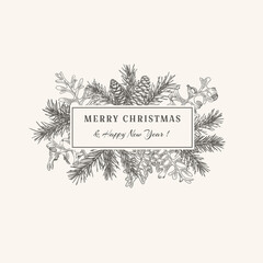 Christmas abstract card with fir branches and cones. Black and White.