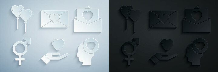 Set Heart in hand, Envelope with Valentine heart, Gender, Head, and Balloons form of icon. Vector