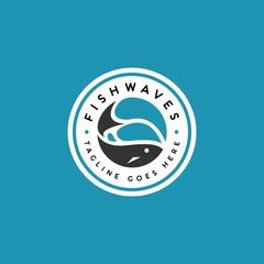 fish and waves logo badge vector template