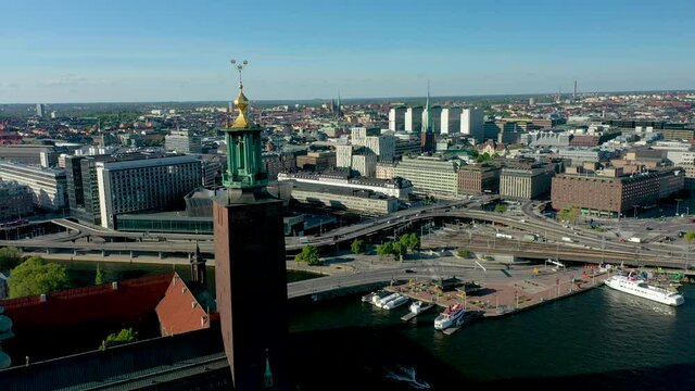 Stockholm City hall. Aerial pan shot of the famous building during a summer day.