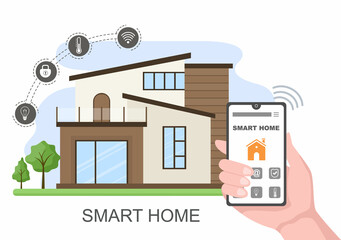 Smart Home Technology House Control System Of Lighting, Heating, Ventilation and Security with a Modern Concept. Background Vector Illustration