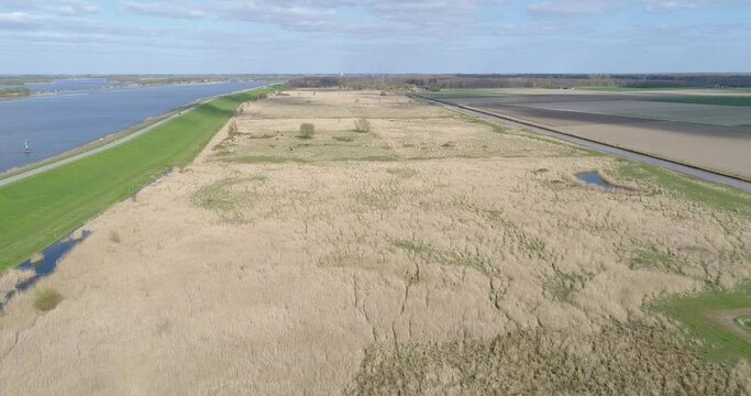 Aerial view of nature reserve Roggebotveld in the polder Flevoland, Netherlands