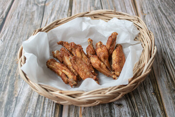 Crispy fried chicken wings in the basket.
