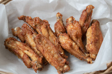 Crispy fried chicken wings in the basket.