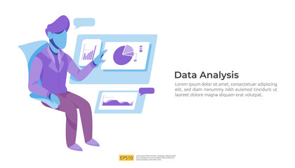 digital analysis concept for business market research, marketing strategy, auditing and financial. data visualization with character, charts and statistics for landing page, banner, presentation