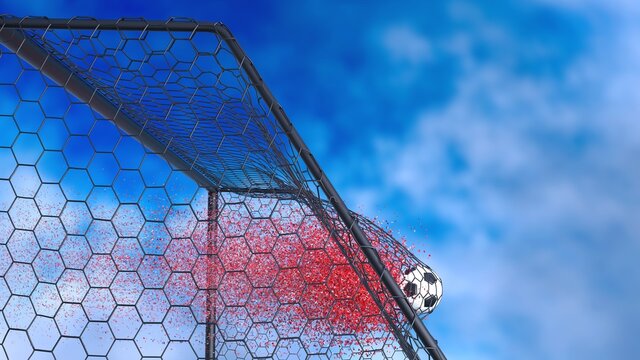 Black-White Soccer Ball in the Black Goal Net with red particles under blue sky lighting. 3D illustration. 3D CG. High resolution. 3D high quality rendering.