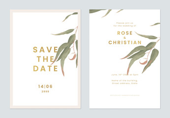 Minimalist foliage wedding invitation card template design, green eucalyptus leaves on white