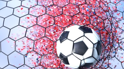 Black-White Soccer Ball in the Black Goal Net with red particles under blue sky lighting. 3D illustration. 3D CG. High resolution. 3D high quality rendering.