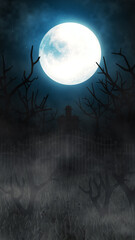 Vertical halloween background with a haunted house, bats and pumpkins, graves, at misty night spooky with a fantastic big moon in the sky.