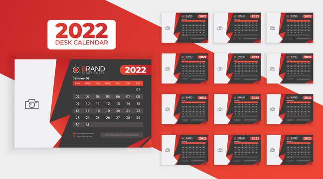 Creative desk calendar 2022 set of 12 months desk calendar template design Premium Vector 