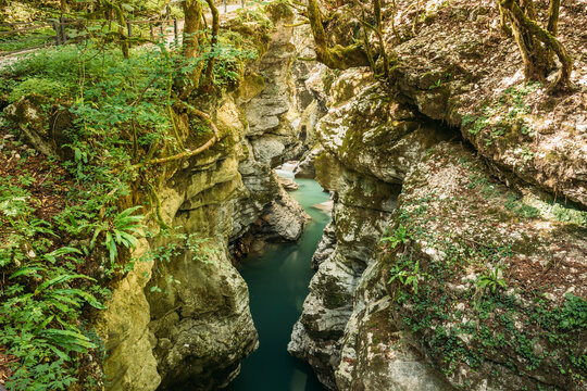Martvili Canyon, Georgia. Landscape Abasha River. Natural Monument Is Located In The Village Inchkhuri