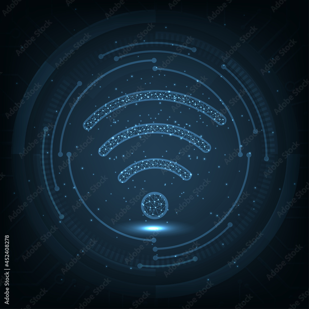 Poster graphic design concept of wifi connecting.futuristic glowing low polygonal wifi symbol on dark blue 