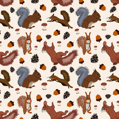 Seamless pattern from Belcock with fluffy tails with cones, acorns, nuts, mushrooms. Colored flat illustration for kids creativity, winter cards, Christmas greetings.