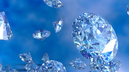 Shiny Diamonds falling on blue sky  lighting. 3D illustration. 3D CG. 3D high quality rendering.