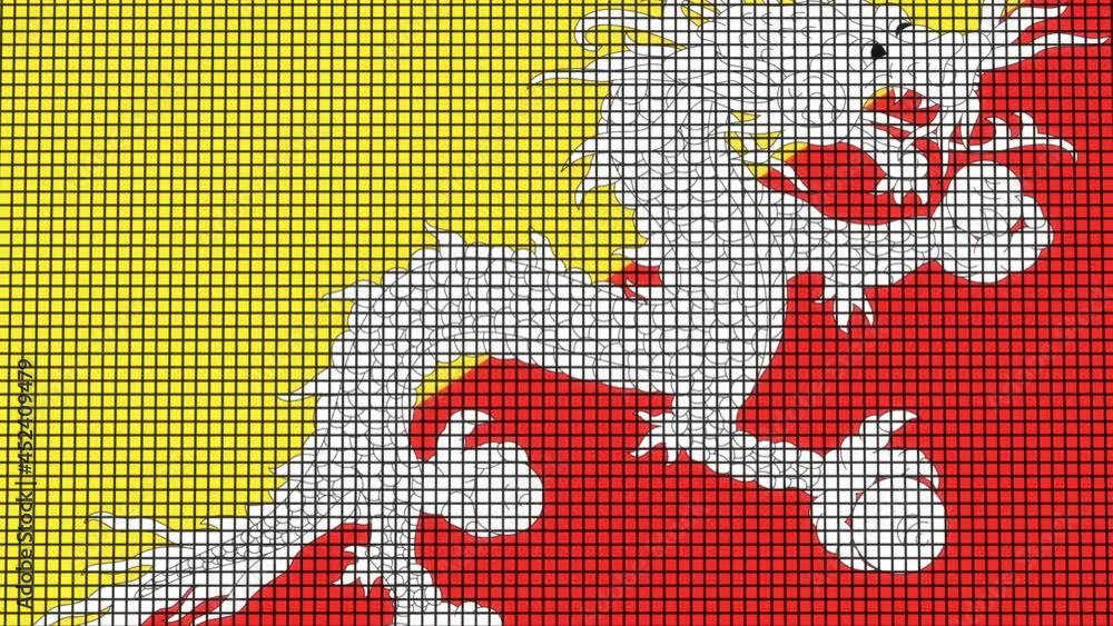 Poster bhutan flag animated in pixel grid style technology background