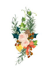 冬の花と薔薇のブーケ　水彩イラスト
